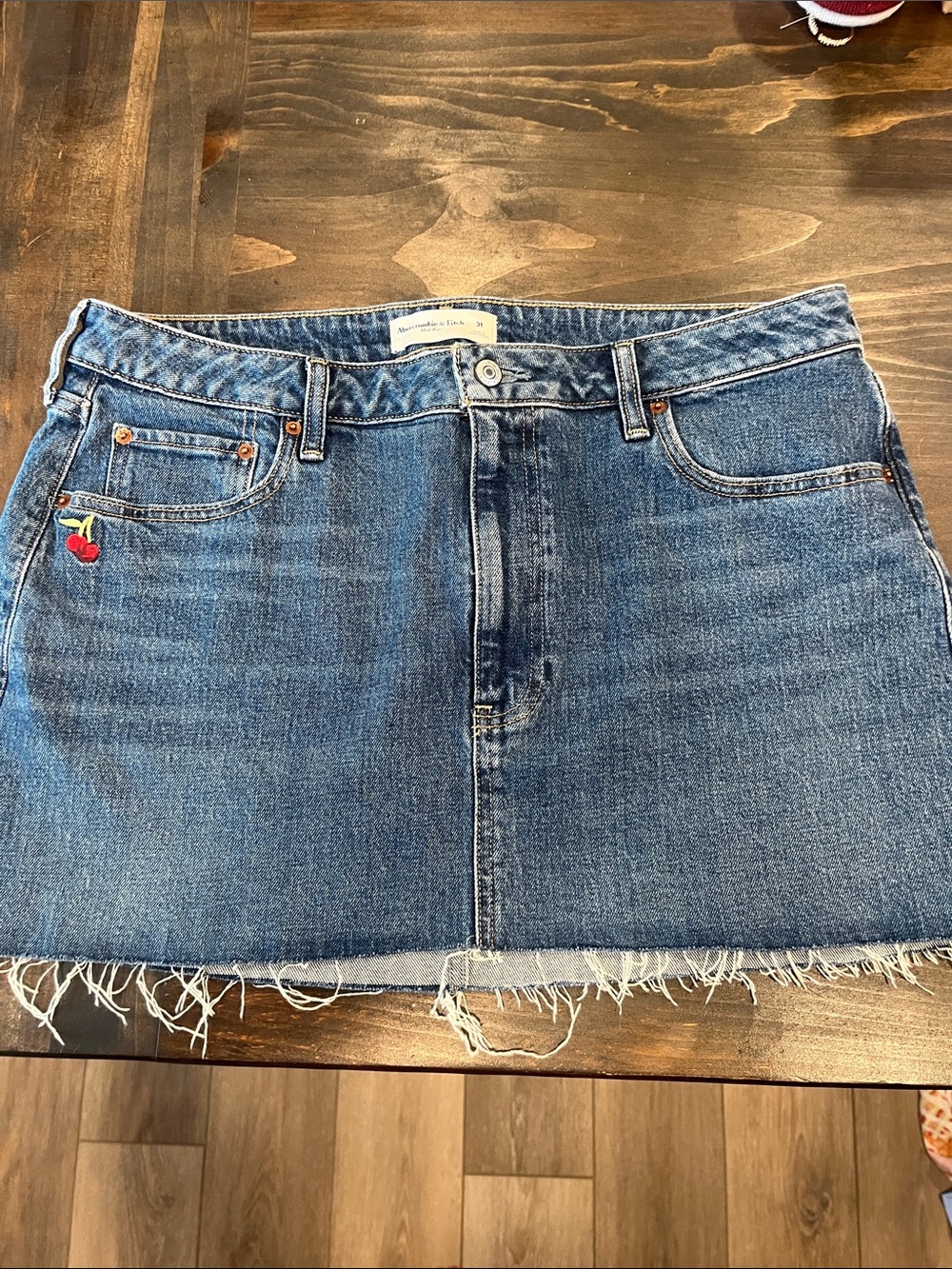 Abercrombie & Fitch Blue Denim Mini Skirt with Cherry Accent